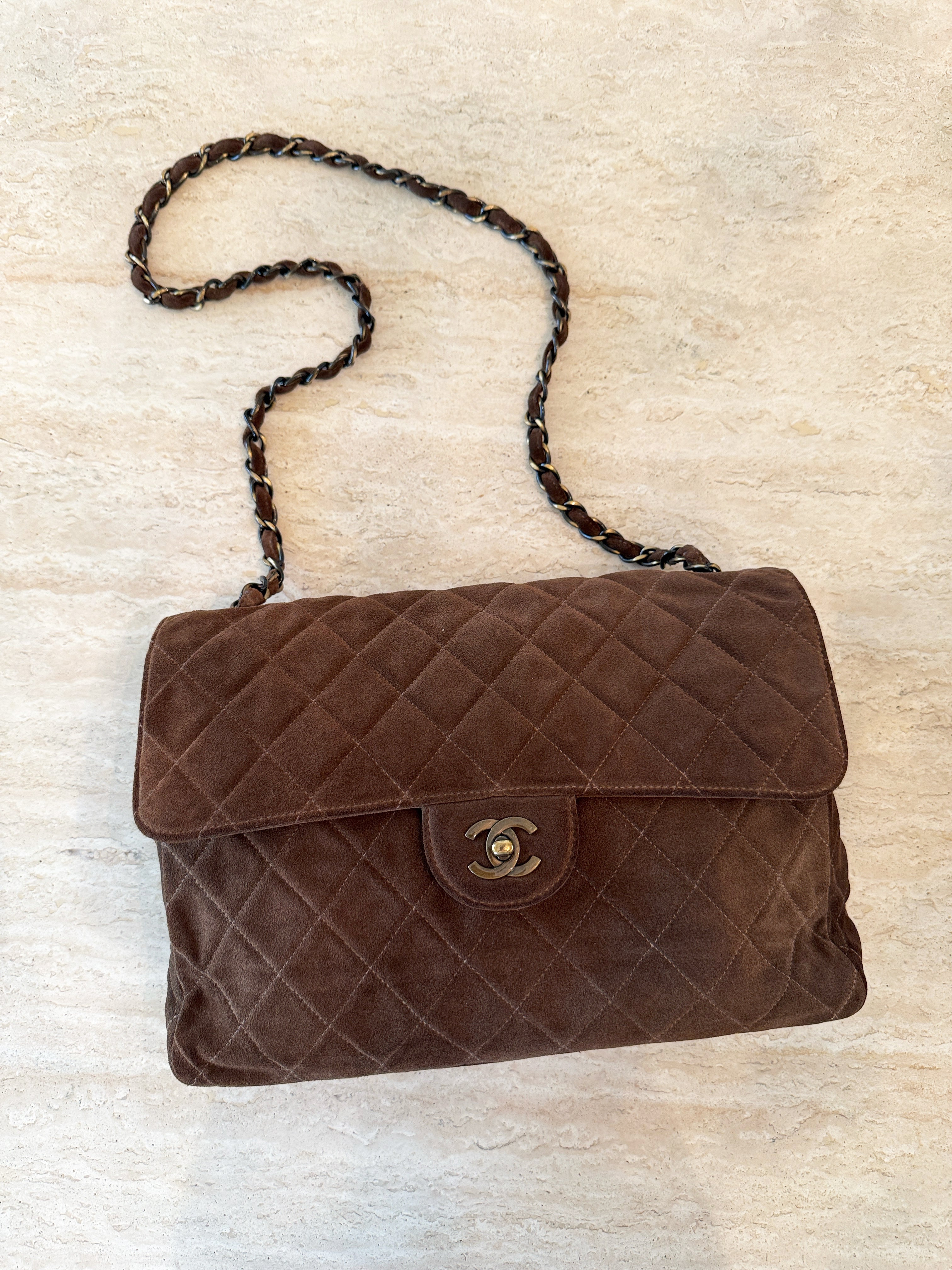 Chanel Brown Suede Antique Gold Hardware Large Flap