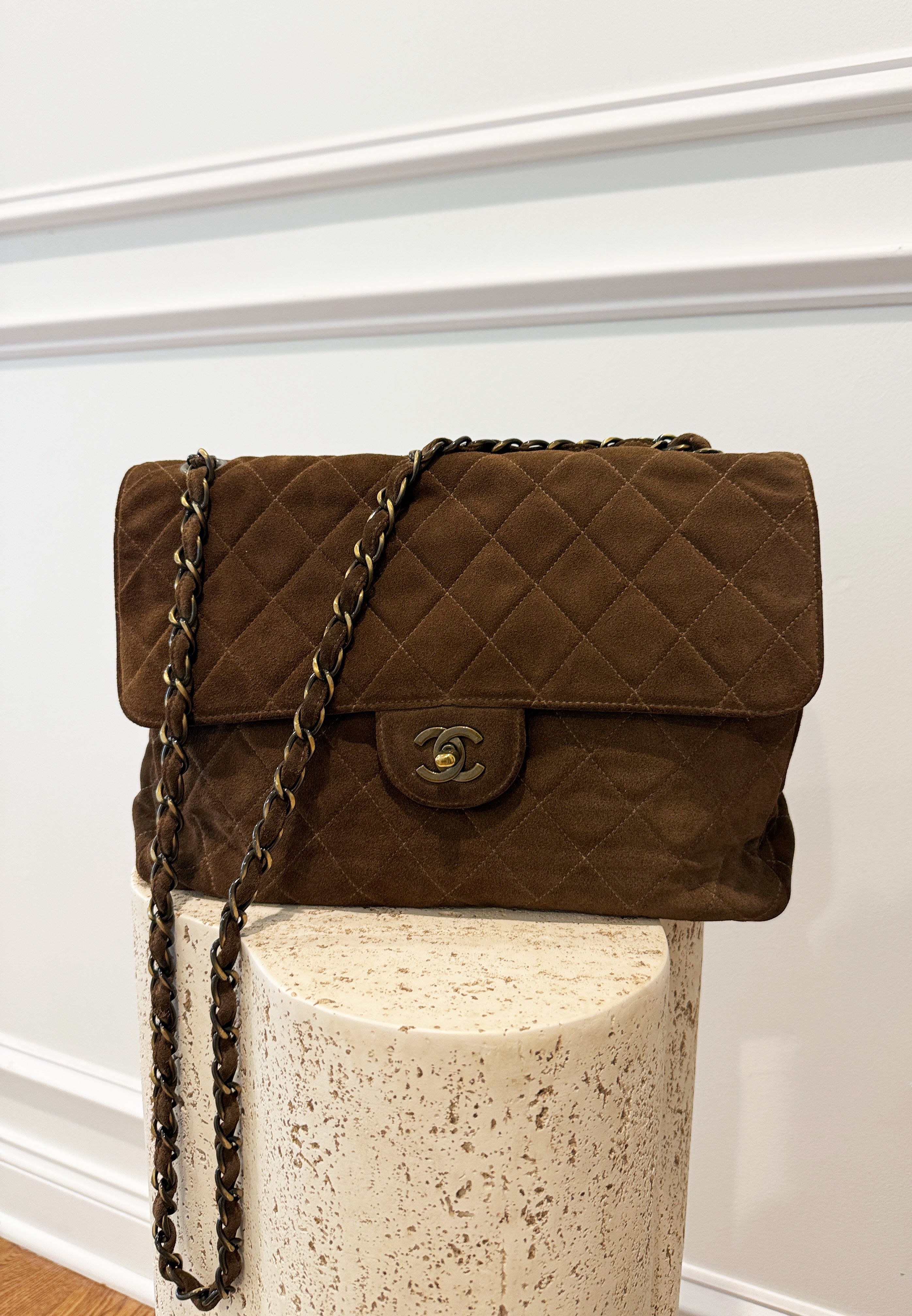 Chanel Brown Suede Antique Gold Hardware Large Flap