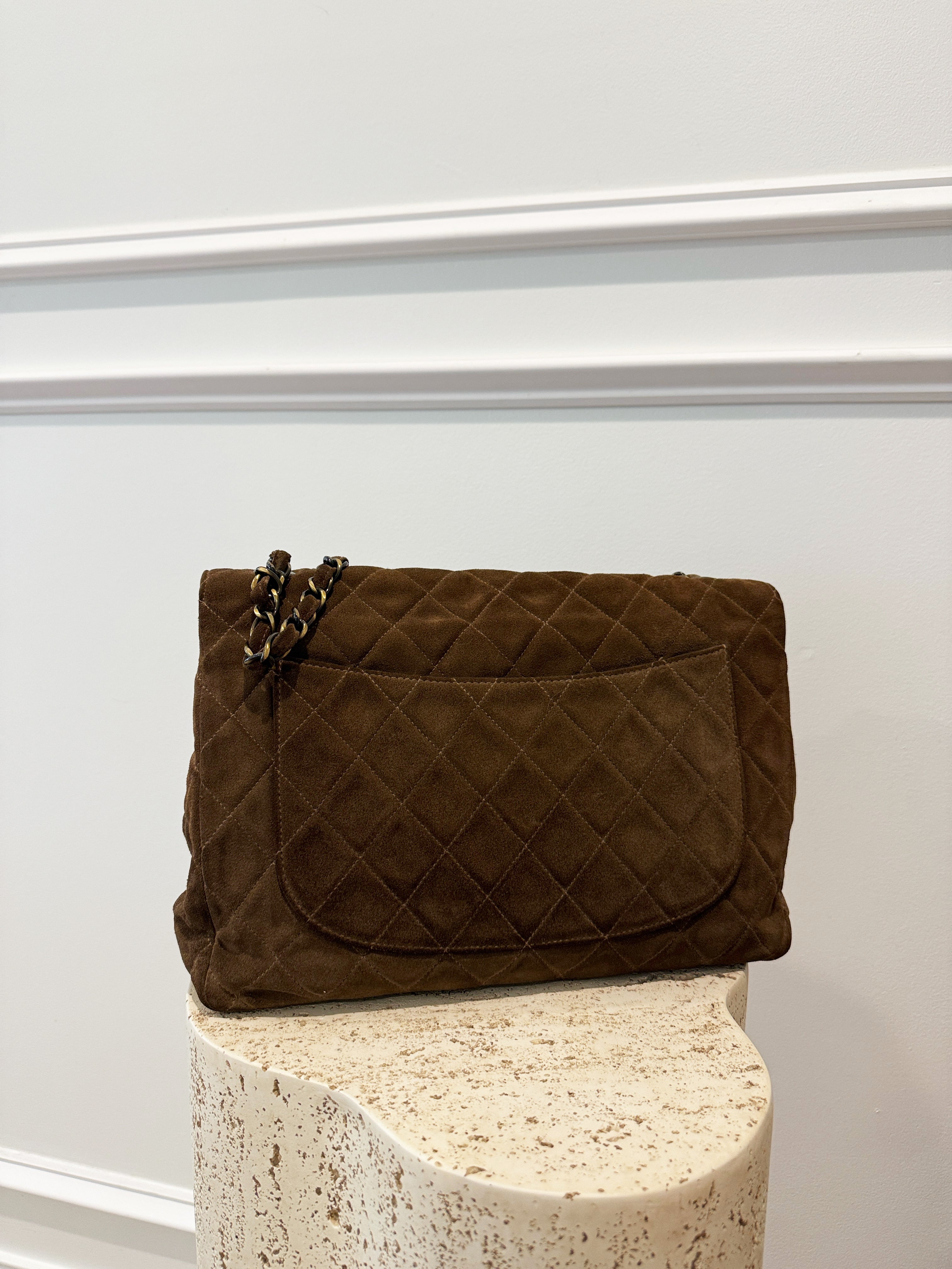 Chanel Brown Suede Antique Gold Hardware Large Flap