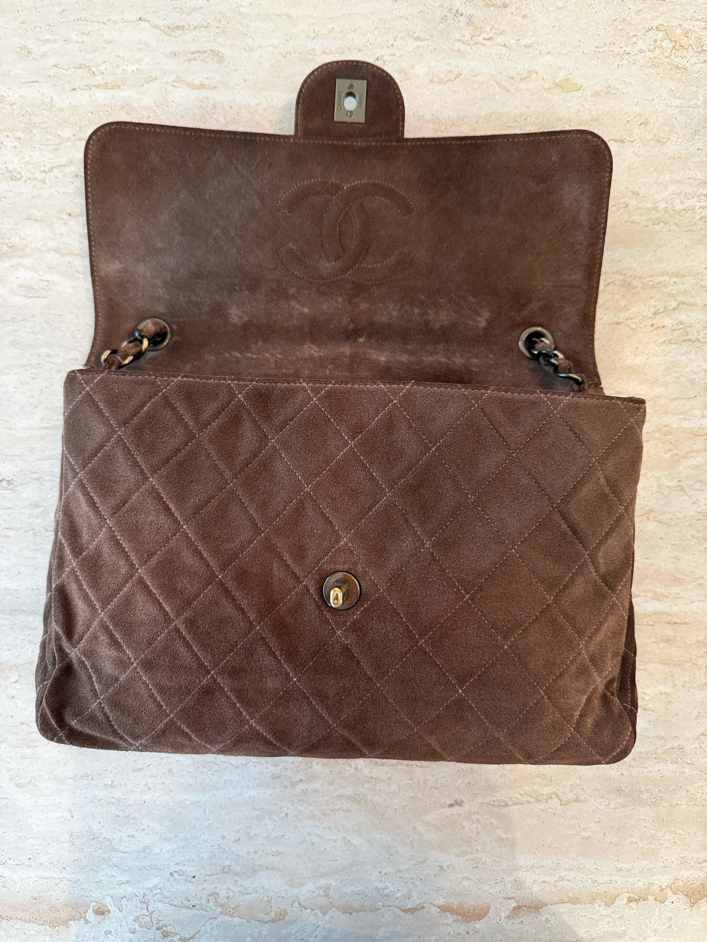 Chanel Brown Suede Antique Gold Hardware Large Flap