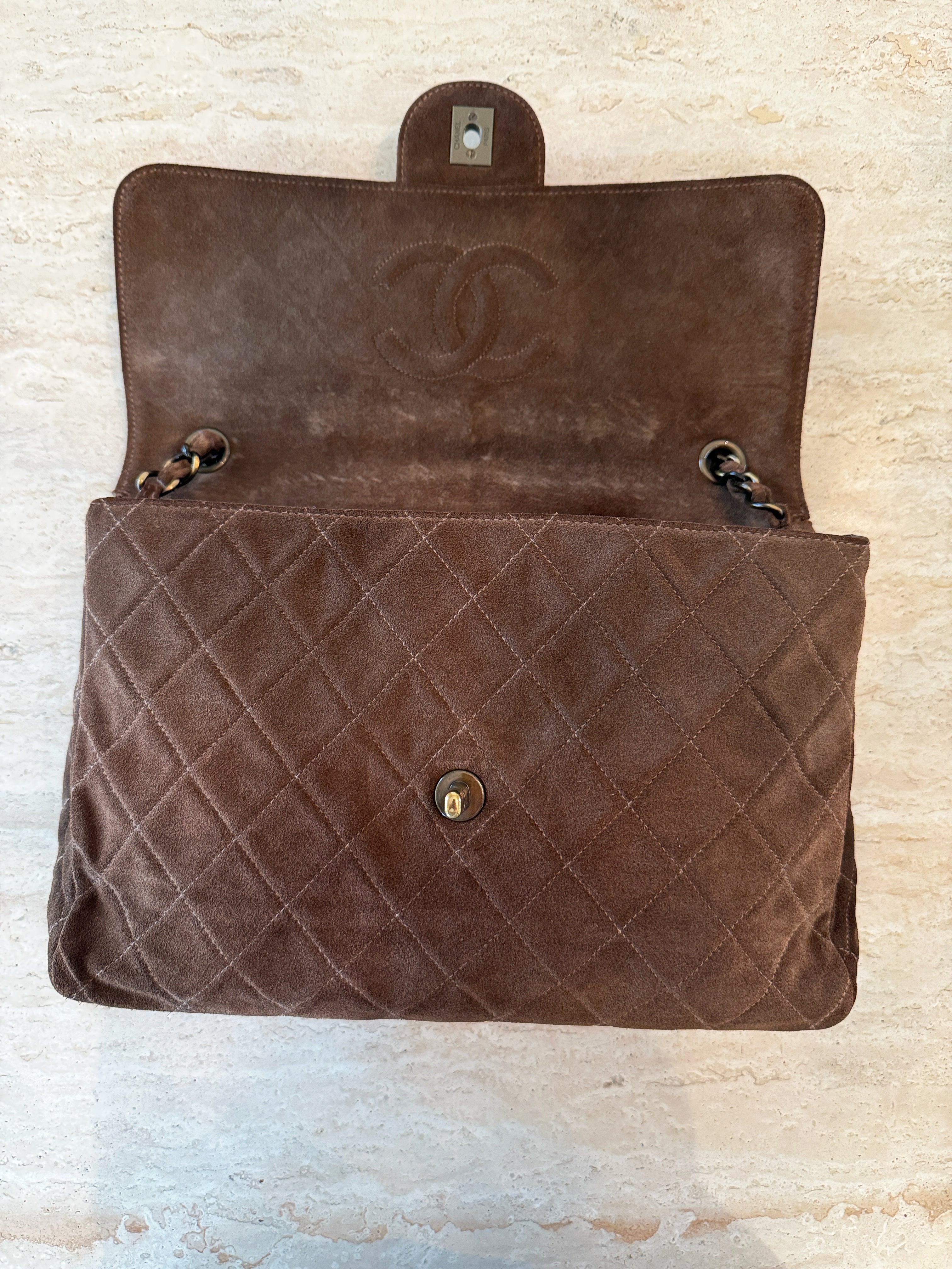 Chanel Brown Suede Antique Gold Hardware Large Flap