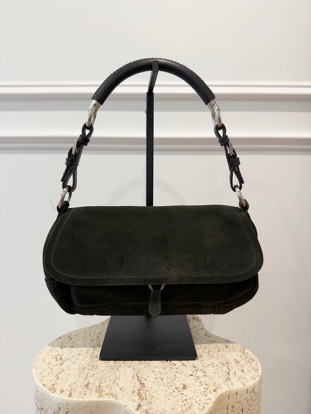 Prada Suede Shoulder Bag Dark Green