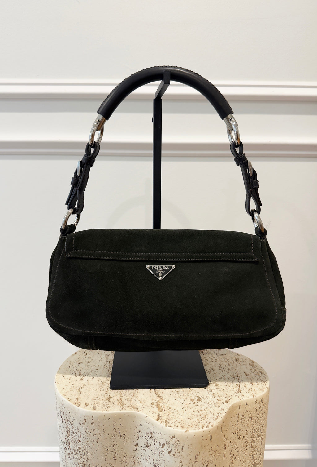 Prada Suede Shoulder Bag Dark Green